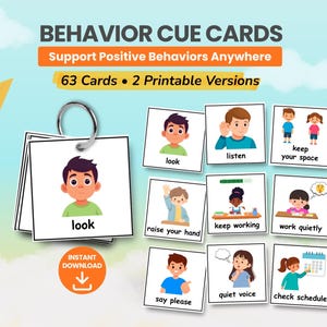 May include: A set of 63 behavior cue cards on a metal ring, featuring illustrations of children performing actions with text labels like look, listen, keep your space, raise your hand, keep working, work quietly, say please, quiet voice, and check schedule.