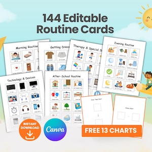 144 Autism Visual Schedule Cards | Daily Routine Chart (Digital Download, Editable Canva Template)