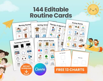 144 fiches d'horaires visuels pour l'autisme | Tableau des routines quotidiennes (téléchargement numérique, modèle Canva modifiable)