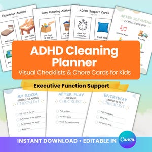 Puede incluir: Planificador de limpieza TDAH con listas de verificación visuales y tarjetas de tareas para niños. La pancarta naranja dice "ADHD Cleaning Planner" con "Visual Checklists & Chore Cards for Kids" debajo. La imagen incluye listas de verificación.