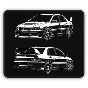 May include: Black mousepad featuring a white illustration of a Mitsubishi Lancer Evolution car. The design shows the car from the front and rear, highlighting its sporty features, including a spoiler and unique wheels.