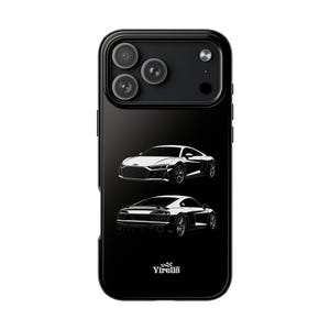 May include: Black phone case featuring two white illustrations of a sports car, one from the front and one from the back. The phone case has a glossy finish and a camera module with three lenses. The brand "Yirello" is printed at the bottom.