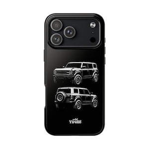 May include: Black phone case featuring a white illustration of a Bronco SUV. The case has a glossy finish and a camera module with three lenses. The brand name "Yirello" is printed at the bottom.