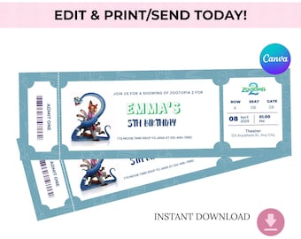 Zootopia 2 Birthday Party Invitation | Movie Ticket Style | Editable Canva Template | Instant Digital Invite