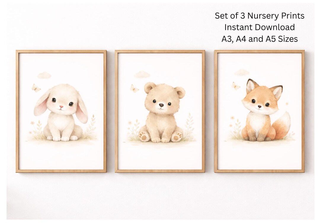 Nursery Animal Wall Art Printable – Woodland Animals Set of 3 – Baby ...