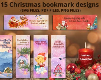 Paquete de 15 marcadores navideños SVG, PNG y PDF, para amantes de los libros, club de lectura