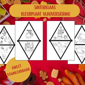 May include: A set of four black and white diamond-shaped coloring pages with illustrations of Sinterklaas-themed images. The text "Sinterklaas Kleurplaat Vlagversiering" is displayed on a yellow banner. The words "Direct Downloadbaar" are on a yellow circle.