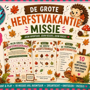 Peut inclure: Un kit d'activités imprimable intitulé De Grote Herfstvakantie Missie avec un hérisson, un écureuil et un renard. L'ensemble comprend une carte de mission, un bingo et une liste de chasse au trésor avec des illustrations de feuilles et champignons.