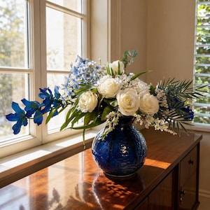 Può includere: Una vivace composizione floreale in un vaso blu cobalto strutturato. Il bouquet presenta rose bianche, delfini blu e varie piante verdi. Il vaso è posto su un mobile in legno scuro lucido vicino a una finestra.