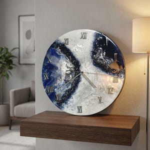Handmade  Resin Wall Clock - Midnight Blue, Silver Vein, White  Roman Numerals Silent Clock, Statement Wall Decor