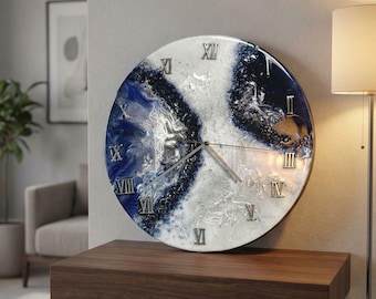 Handmade  Resin Wall Clock - Midnight Blue, Silver Vein, White  Roman Numerals Silent Clock, Statement Wall Decor