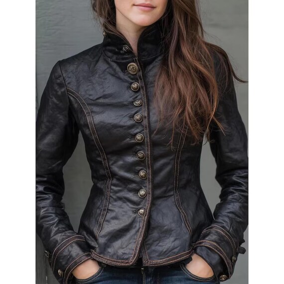 Handmade Women’s Lambskin Leather Jacket | Steampunk Military Coat | Gothic Cosplay Outfit