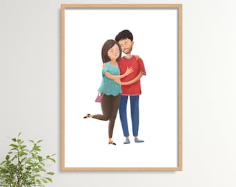 Portrait de couple personnalisé dessiné à la main, illustration de dessin animé, cadeau personnalisé (téléchargement numérique)