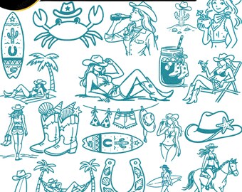 Coastal Cowgirl Embroidery Designs Bundle, Western Beach Embroidery Files, Cowgirl Summer Embroidery Pack, Boho Western Machine Embroidery.