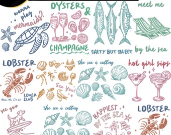 Paquete de diseños de bordado de playa de verano: océano, vida marina, conchas, langosta, tortuga, champán, ambiente de vacaciones costeras.