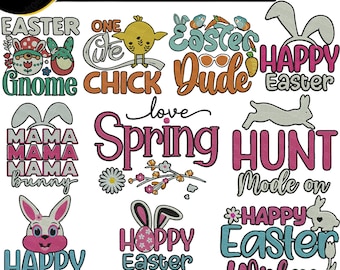 Paquete de diseños de bordado de Pascua, frases de conejitos de Pascua, archivos de bordado de conejitos de primavera para camisetas, diseños de bordado a máquina