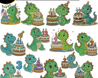 Paquete de diseños de bordado a máquina de dinosaurios de cumpleaños, lindos archivos de bordado de cumpleaños de dinosaurios, diseños de pastel de dinosaurios para niños PES DST JEF VP3 Hus Xxx