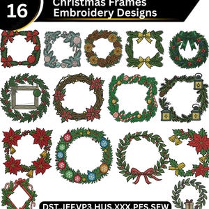 May include: Sixteen Christmas frame embroidery designs. The frames are in various shapes, including squares, circles, and diamonds. Each frame is decorated with festive elements like bows, ornaments, and greenery. The text "Christmas Frames Embroidery Designs" is at the top.
