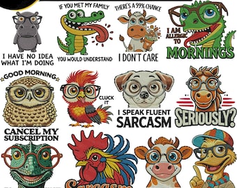 Paquete de diseños de bordado de animales sarcásticos: diseños divertidos con frases de animales para camisetas y bordados a máquina.