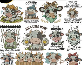 10+ Funny sarcastic Cow Quotes Embroidery Designs Bundle, Cute Highland Cow Sayings Machine Embroidery Designs, Farm Animal Instant Download