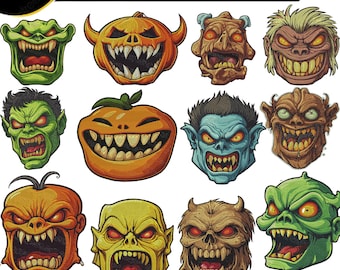 Bordado de cara de monstruo aterrador: archivo de puntada de terror de zombi, calavera y calabaza para proyectos de Halloween, diseños de bordado a máquina.