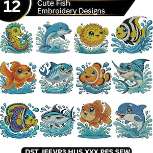 Può includere: Una collezione di 12 disegni di ricamo di pesci in stile cartone animato colorati. Ogni disegno presenta un diverso tipo di pesce, come un cavalluccio marino, un delfino e un pesce pagliaccio, con schizzi d'acqua. Il testo "Cute Fish Embroidery Designs" è visualizzato in alto.