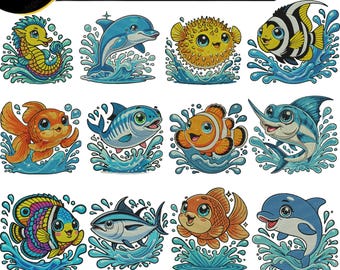 Cute Fish Embroidery Design | Cartoon Sea Life Machine Embroidery Files and Ocean Fish Embroidery Bundle