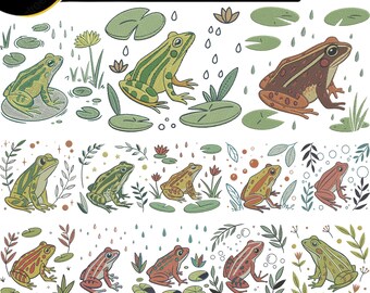 Paquete de diseños de bordado de ranas vectoriales, ranas, estanque natural, archivos de puntadas de animales, lindos anfibios, nenúfares, arte botánico