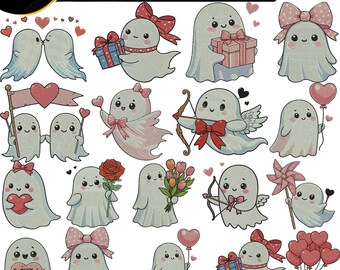 Diseño de bordado de fantasmas, conjunto de amor de fantasmas kawaii para San Valentín, descarga digital, pareja de fantasmas espeluznantes, diseño de bordado a máquina