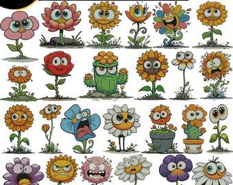 Paquete de 30 diseños divertidos de bordado de flores: lindas caras florales de dibujos animados, bordado artístico de camisetas, diseños de bordado a máquina digital.