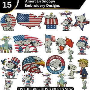以下が含まれることがあります： 15のアメリカンスヌーピー刺繍デザインのコレクション。デザインは、アメリカ国旗、自由の女神、ワシなど、さまざまな愛国的なテーマのスヌーピーを特徴としています。デザインは赤、白、青です。