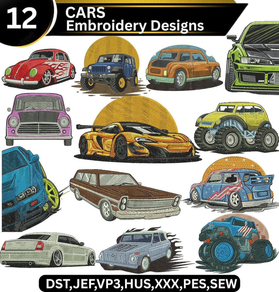 Cars Embroidery Design Bundle | 12 Vehicle Machine Embroidery Patterns ...