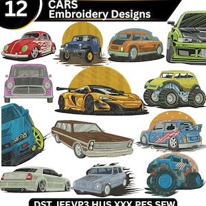 Op de afbeelding: Een verzameling van 12 auto borduurontwerpen. De ontwerpen omvatten een rode auto met vlammen, een blauwe Jeep, een oranje auto, een groene auto, een paarse auto, een gele sportwagen en een blauwe monstertruck.