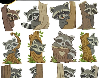 Paquete de bordado de mapache escondite, lindos diseños de bordado de animales del bosque, archivos de bordado a máquina de mapache del bosque
