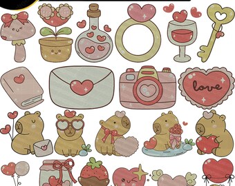 Paquete de diseño de bordado de capibara de San Valentín / Lindos archivos de bordado de capibara de amor / Diseño de animales de corazones de San Valentín.