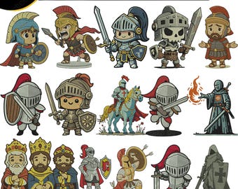 Paquete de diseños de bordado medievales con temática de caballeros, reyes y guerreros. Diseños de bordado a máquina.