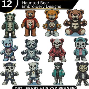 Peut inclure: Une collection de 12 "Haunted Bear Embroidery Designs" dans divers styles. Les ours sont représentés avec des caractéristiques de squelette, portant des sweats à capuche, des vestes et des chapeaux. Les motifs incluent le texte "HAUNTED" sur un t-shirt. L'image comprend également les types de fichiers: DST, JEF, VP3, HUS, XXX, PES et SEW.