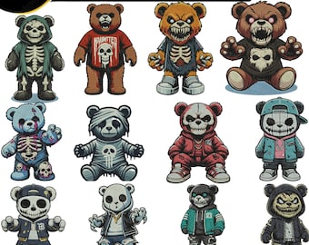 Paquete de diseño de bordado de oso embrujado, archivos de bordado de calavera de oso de peluche de terror, puntada de oso de Halloween espeluznante.
