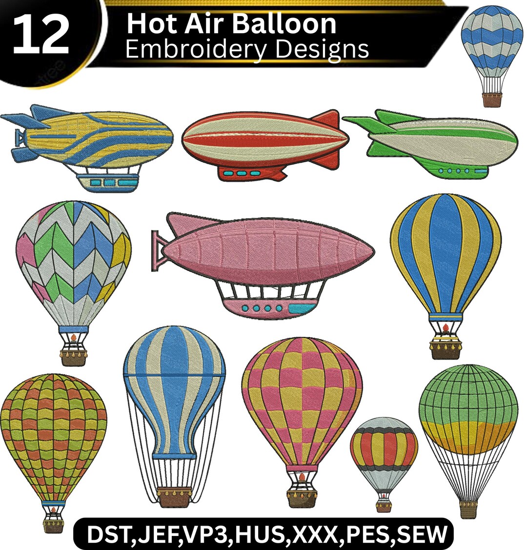 Hot Air Balloons Embroidery Design Set | Colorful Balloon Machine ...