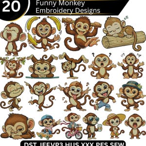 Może przedstawiać: Kolekcja 20 wzorów haftu przedstawiających małpy z kreskówek w różnych pozach. Małpy są brązowe z jasnobrązowymi twarzami i są przedstawione z bananami, kapeluszami i innymi akcesoriami. Tekst "Funny Monkey Embroidery Designs" znajduje się u góry.