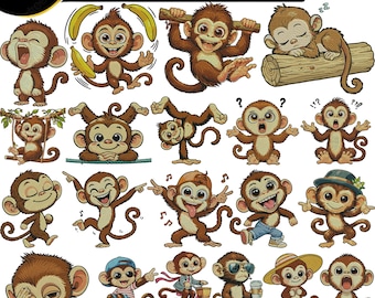 Paquete de diseños de bordado de monos divertidos / Patrones de bordado a máquina de monos de dibujos animados lindos / Juego de puntadas de animales juguetones