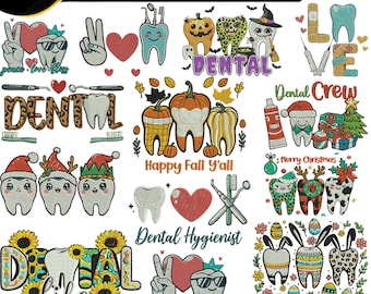 Paquete de bordados dentales, diseños navideños para dientes: higienista dental, equipo de dentistas, otoño, Navidad, vida dental