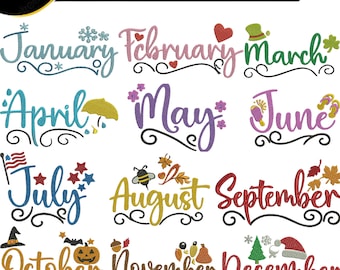 Diseños de bordado de nombres de meses, diseño de letras de calendario, decoración de aro, diseños de bordado a máquina digital.