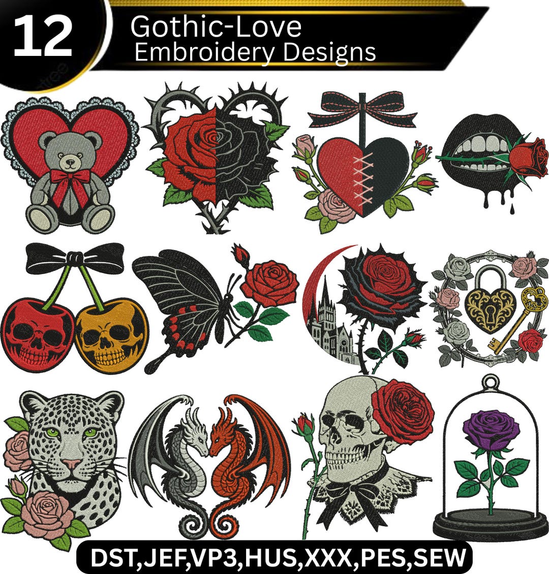 Gothic Love Embroidery Design Bundle, Dark Romantic Skull Rose Heart ...