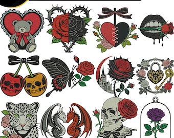Paquete de diseño de bordado de amor gótico, archivos de bordado de corazón de rosa y calavera romántica oscura, bordado gótico de San Valentín.