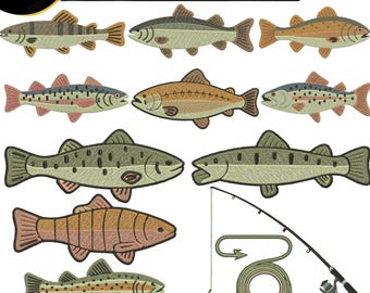 Retro Fishing Embroidery Designs Bundle, 12 Fish Machine Embroidery Patterns, Bass Trout Angler Designs, Fishing Rod Hook, DST PES JEF VP3.