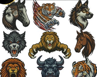 Animal Face Embroidery Designs, Lion, Tiger, Horse Embroidery designs for T-shirts, Wolf and Bull Stitch file, machine Embroidery Designs.