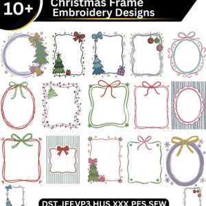 May include: A collection of Christmas frame embroidery designs. The designs include various shapes like circles and rectangles, adorned with bows, Christmas trees, and ornaments. The color palette includes green, red, pink, and blue. The text "Christmas Frame Embroidery Designs" is at the top.