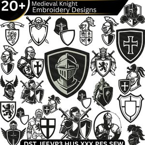 May include: A selection of over twenty medieval knight embroidery designs in black and white. The designs feature knights in armour, helmets, shields, swords, and heraldic symbols. The image also includes the text "Medieval Knight Embroidery Designs".