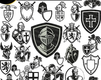 Paquete de diseños de bordado de caballero medieval (más de 20 archivos), escudo de caballero, casco de cruzado, escudo de espada, archivos digitales de caballero.